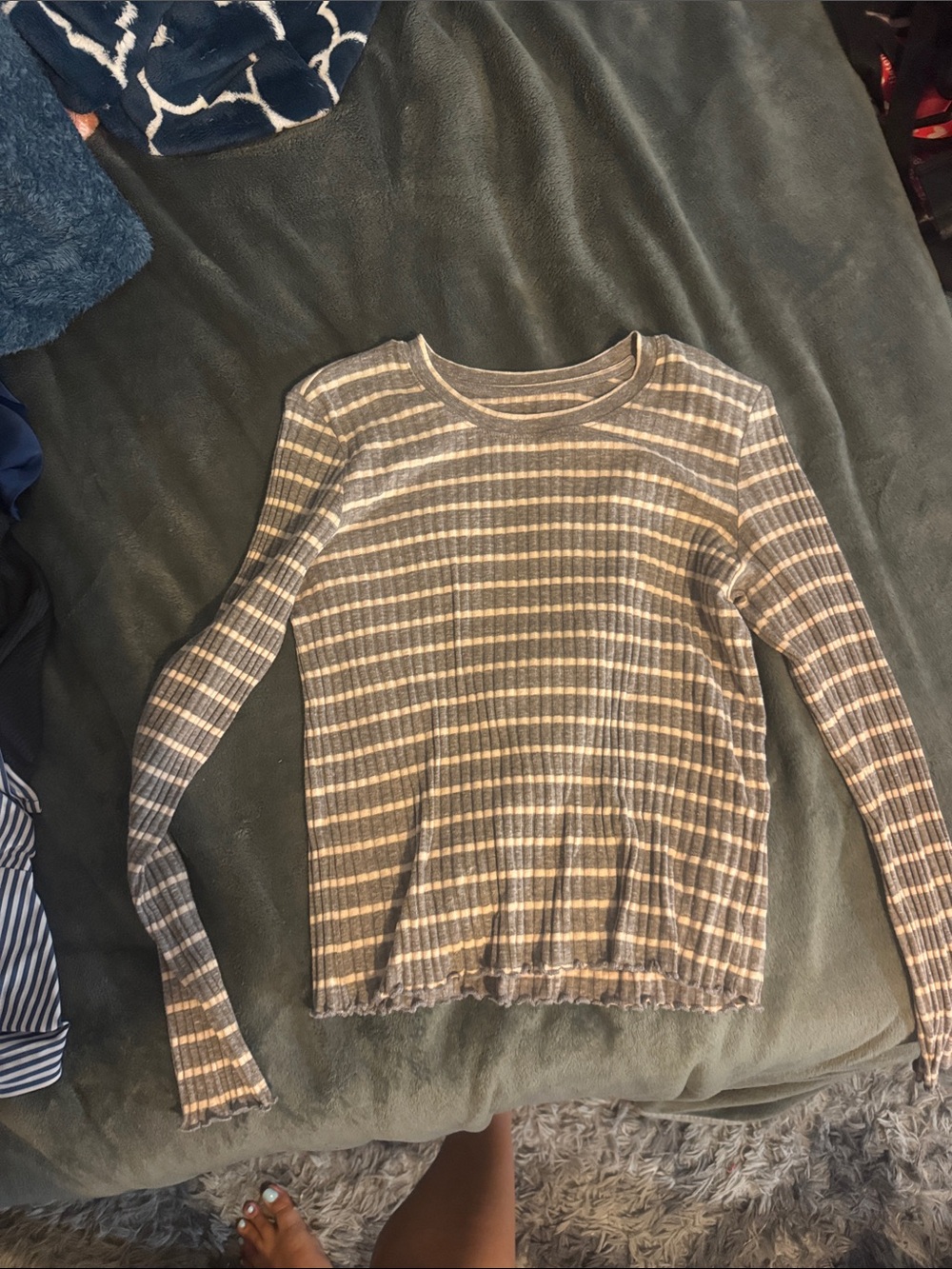 American Eagle Striped Ribbed Long Sleeve Top with Lettuce Hem